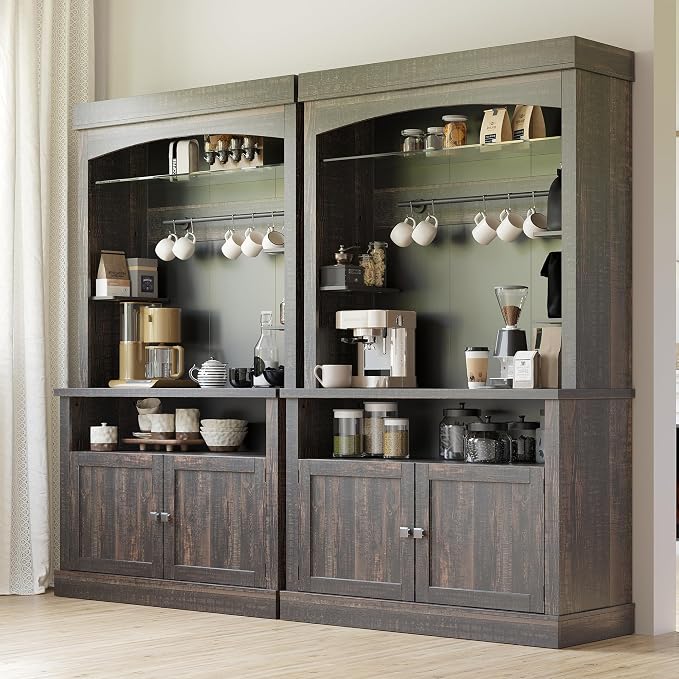 Takywep Tall Coffee Hutch with LED Lights Tall CoffeeBar Cabinet Farmhouse - Image 9