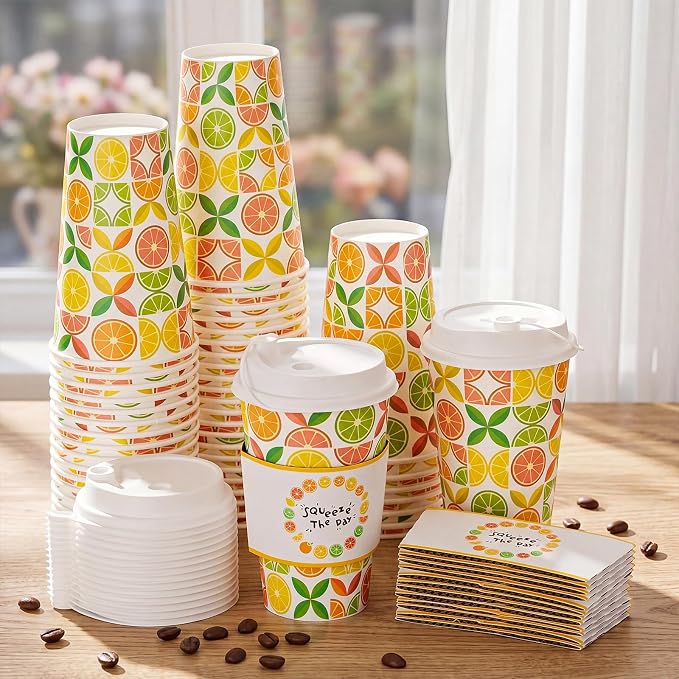 Lallisa 50 Pack 16 oz Summer Citrus Disposable Coffee Cups - Image 3