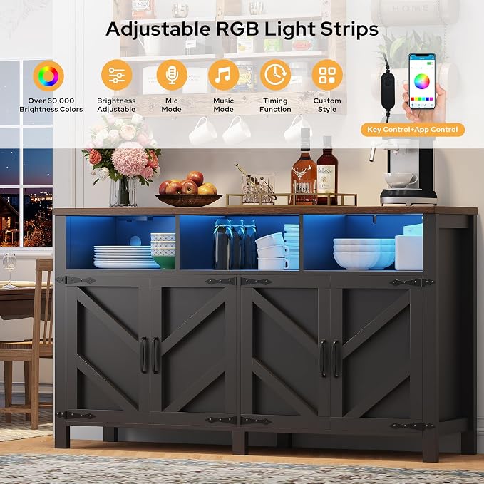knoworld Buffet Sideboard with Storage with Power Outlets & LED Light 4 Doors - Image 3