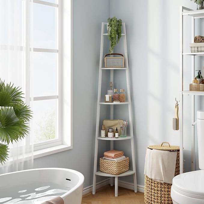Hoctieon Corner Shelf, 5-Tier Corner Bookshelf, Rustic Ladder Shelf, Industrial - Image 8