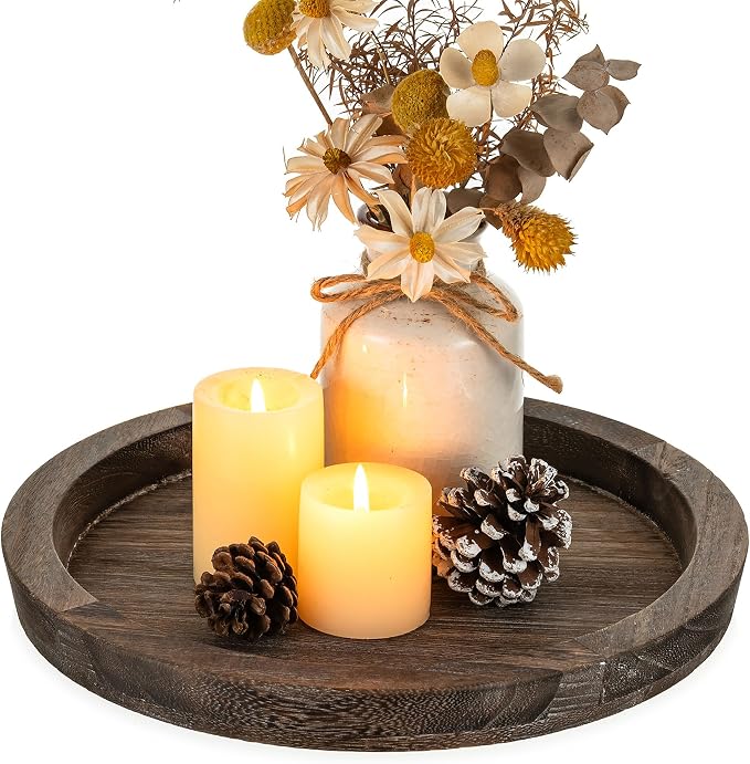 Hanobe Wooden Tray for Coffee Table: Candle Holder Plate Round Decorative by Hanobe