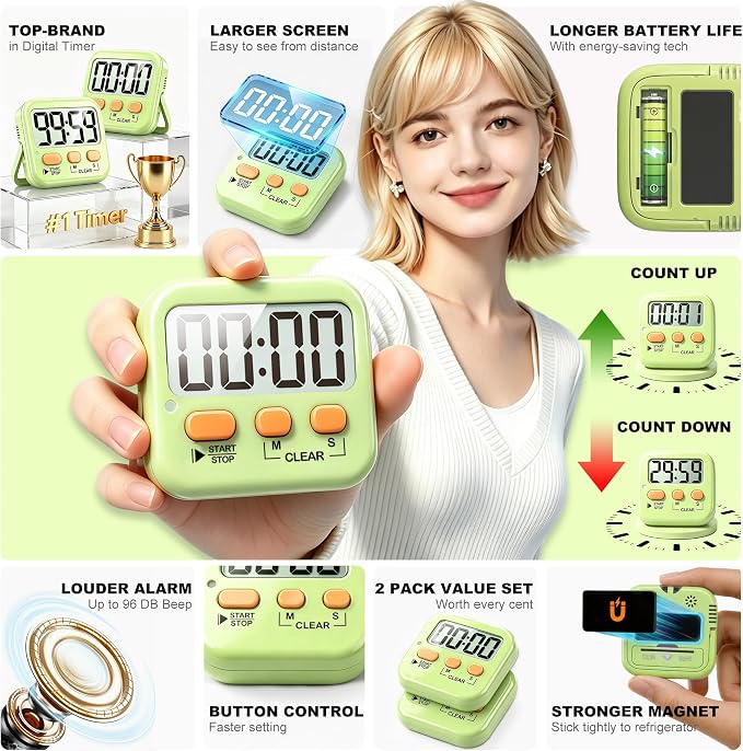Antonki 2 Pack Digital Timer for Kids, Magnetic Countdown Kitchen Timers for - Image 4