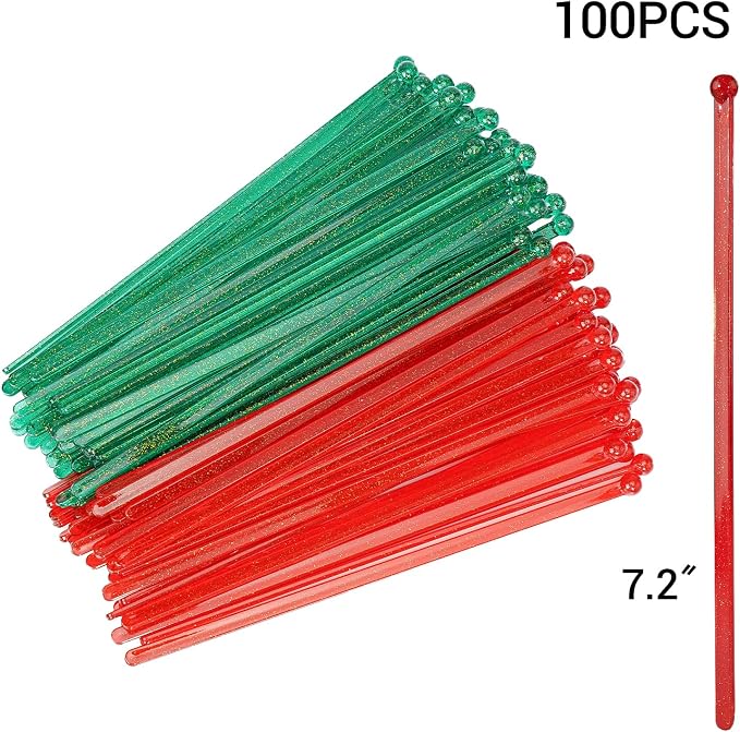 hapray 100-PCS Christmas Green and Red Glitter Plastic Swizzle Sticks, Crystal - Image 6