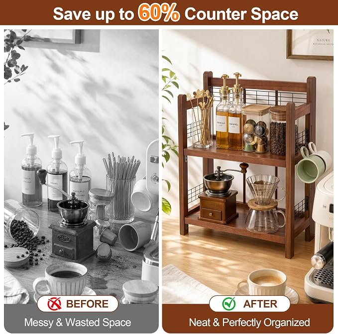 No-Assembly Coffee Bar Organizer, 2-Tier Coffee Station Shelf | Foldable Oak - Image 5