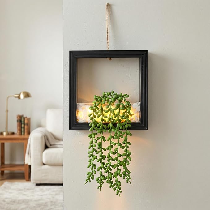 2 Pack Fake Plants Hanging, Artificial Succulents Plants in Square Wooden Frame - Image 5