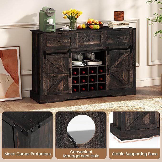 Giantex Wine Bar Cabinet with LED Lights, 3 Drawer, Adjustable Shelf, 12 Bottle - Image 7