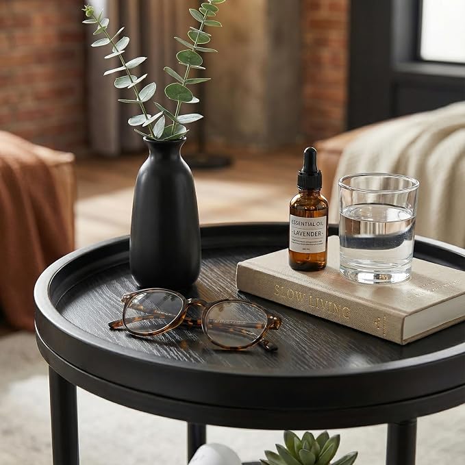 Small Round Side Table with Tray Top, 3-Tier Black End Table - Image 2