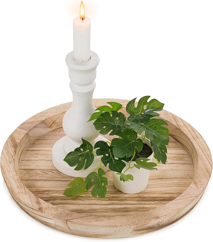 Hanobe Wooden Tray for Coffee Table: Candle Holder Plate Round Decorative by Hanobe