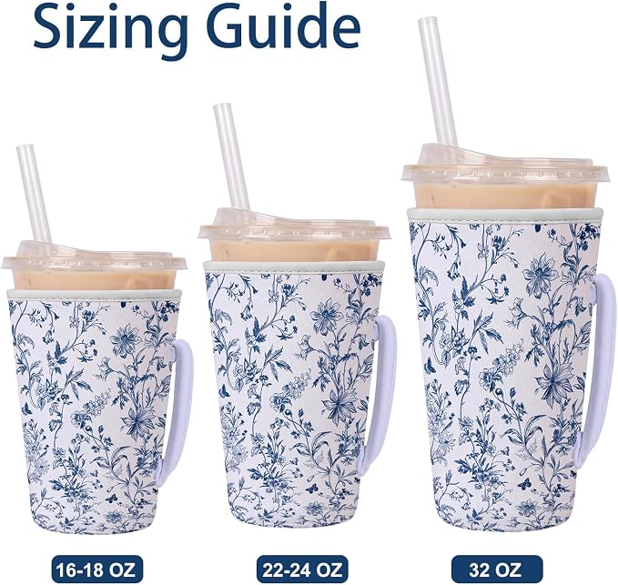 Blue Floral Reusable Insulated Iced Coffee Cup Sleeve, Flower Insulated Cup - Image 2