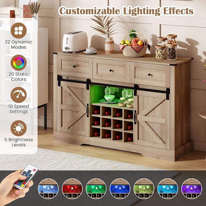 Giantex Wine Bar Cabinet with LED Lights, 3 Drawer, Adjustable Shelf, 12 Bottle - Image 4