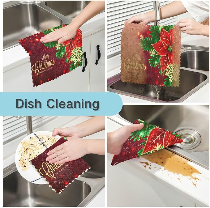 ALAZA Dish Towels Kitchen Cleaning Cloths Christmas Poinsettia and Snowflakes - Image 2