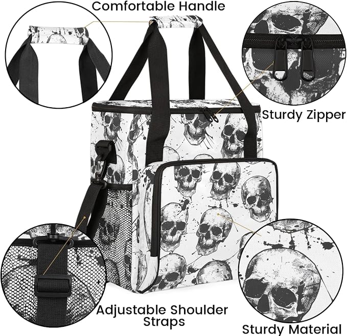 Sugar Skeleton Black White Skull Coffee Maker Carring Bag, Large Insulated - Image 6