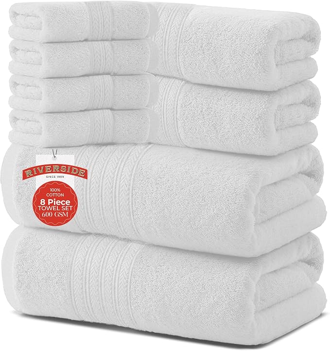 RIVERSIDE Pack of 8 Towels Set, 2 Large Bath, 2 Hand, 4 Face Washcloths by RIVERSIDE