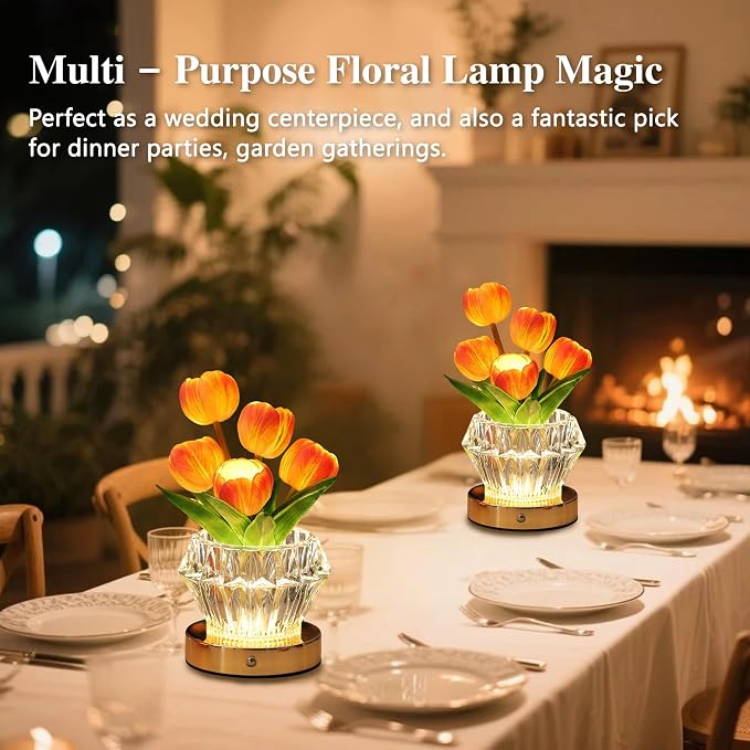Tulip Flower Lamp with Diamond Vase, 3 Color LED Night Light, Dimmable Touch - Image 2