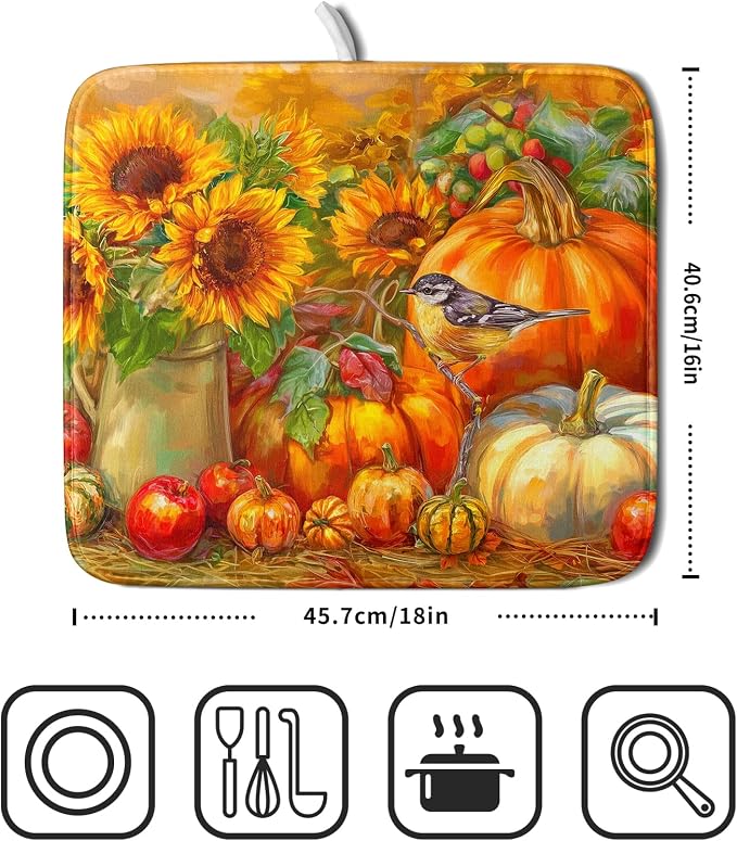 Giwawa Vintage Fall Autumn Dish Drying Mat 16"x18" Small Rustic Pumpkin - Image 2