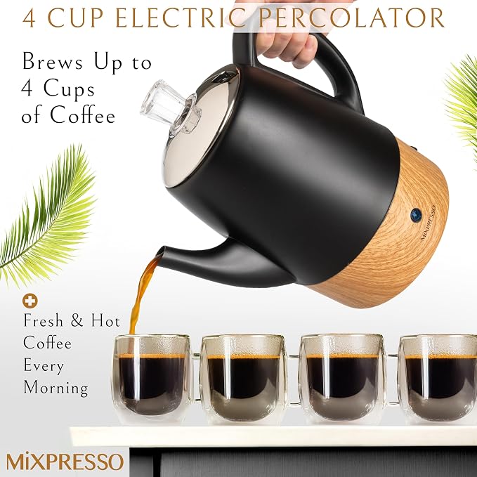 Mixpresso Black Small Electric Percolator Coffee Pot 4 Cup Stainless Steel - Image 2