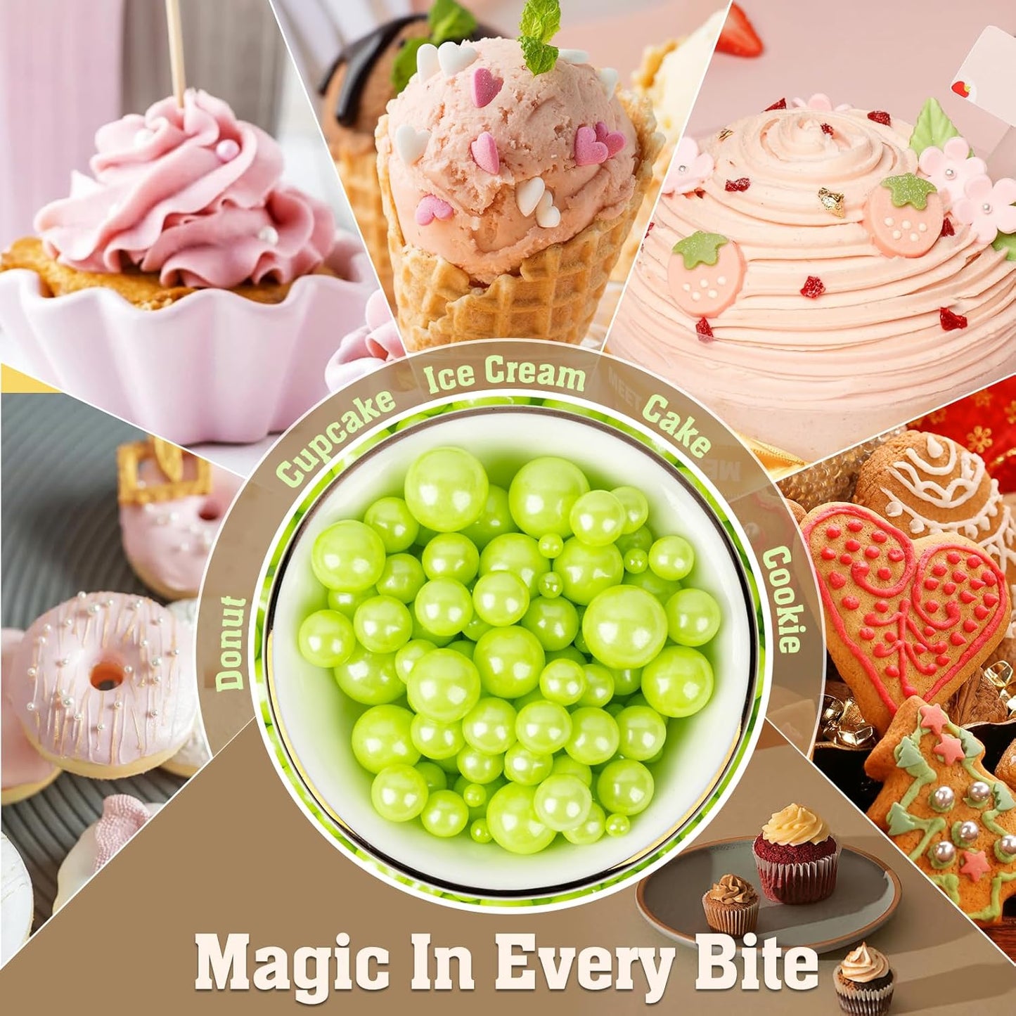 Twisweet Green Pearl Sprinkles for Cake Decorating, Edible Sugar Pearls for Baking, Mix Size, Cake Topper Cupcake Cookie Ice Cream Dessert Decorations, Easter Birthday Summer Party Supplies (130g/4.58oz)