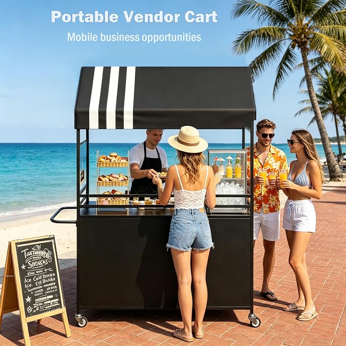 Portable Vendor Cart with Canopy, Outdoor Mobile Food Cart with Wheels - Image 9