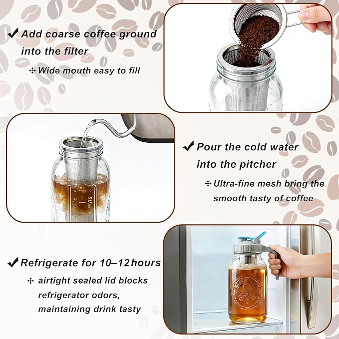 Mason Jar Cold Brew Coffee Maker 64 OZ Wide Mouth Cold Brew Pitcher - Image 7