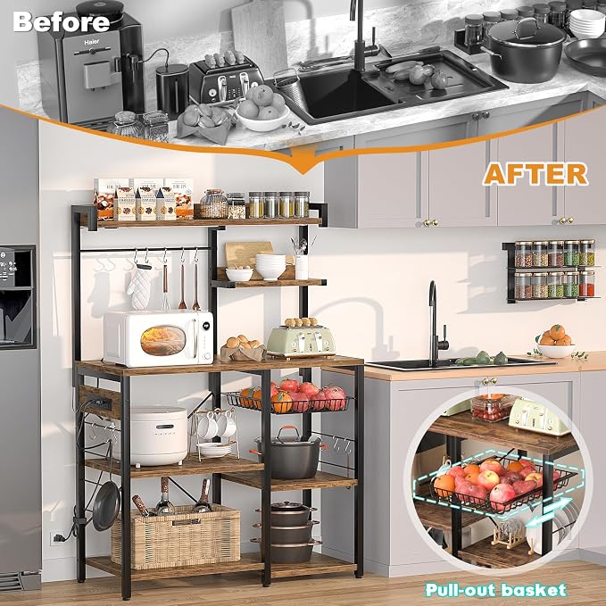 Aheaplus Bakers Rack with Power Outlet and LED light strings, Microwave Oven - Image 8