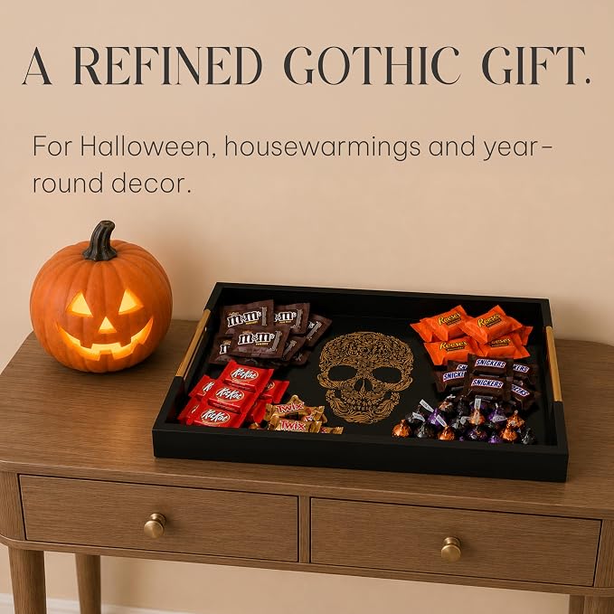 Gothic Skull Serving Tray with Gold Handles – Black Gloss Wooden Ottoman Tray - Image 8