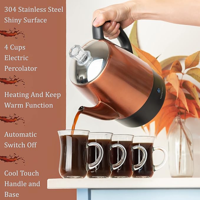 Mixpresso 4 Cup Percolator Coffee Pot Electric, Copper Stainless Steel Coffee - Image 4