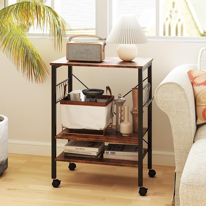 Giantex Kitchen Bakers Rack 3-Tier Microwave Cart on Wheels, Industrial Utility - Image 3