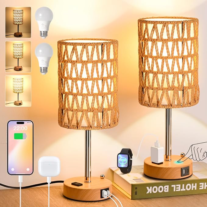 Rattan Table Lamps for Living Room, 3 Way Dimmable Touch Lamps, Small Bedside by Unknown