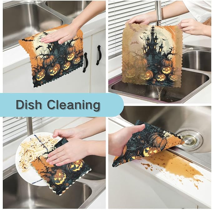 ALAZA Kitchen Towels Halloween Pumpkins Castle Bat4 Dish Towels Multipurpose - Image 2