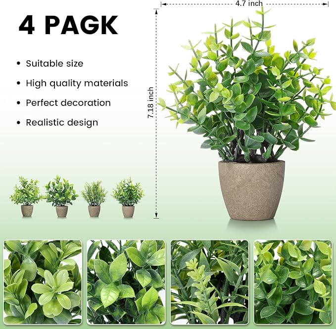 FAVOWREATH 4 Pack Fake Plants Ceramic Mini Artificial Greenery Potted Plants - Image 3
