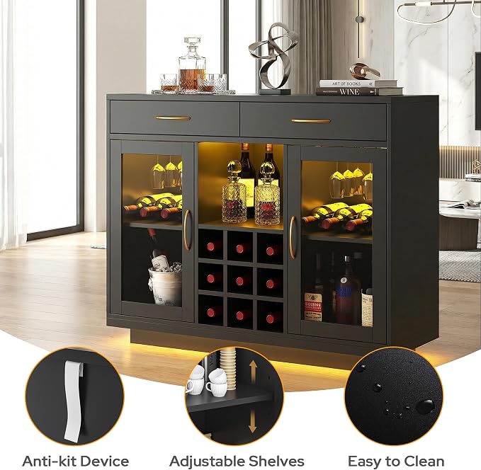 knoworld Wine Bar Cabinet with LED Lights, Coffee Bar Cabinet with Glass Rack - Image 7