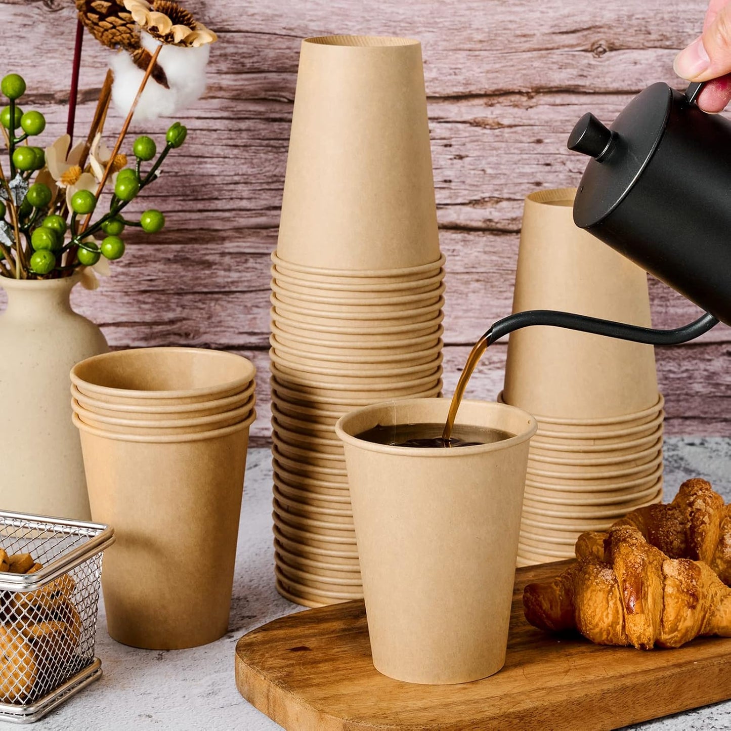 LITOPAK 100 Pack 12 oz Kraft Paper Cups, Disposable Coffee Cups, Disposable Drinking Cups, Hot Coffee Cups, Paper Coffee Cups for Water, Coffee, Juice, and Milk