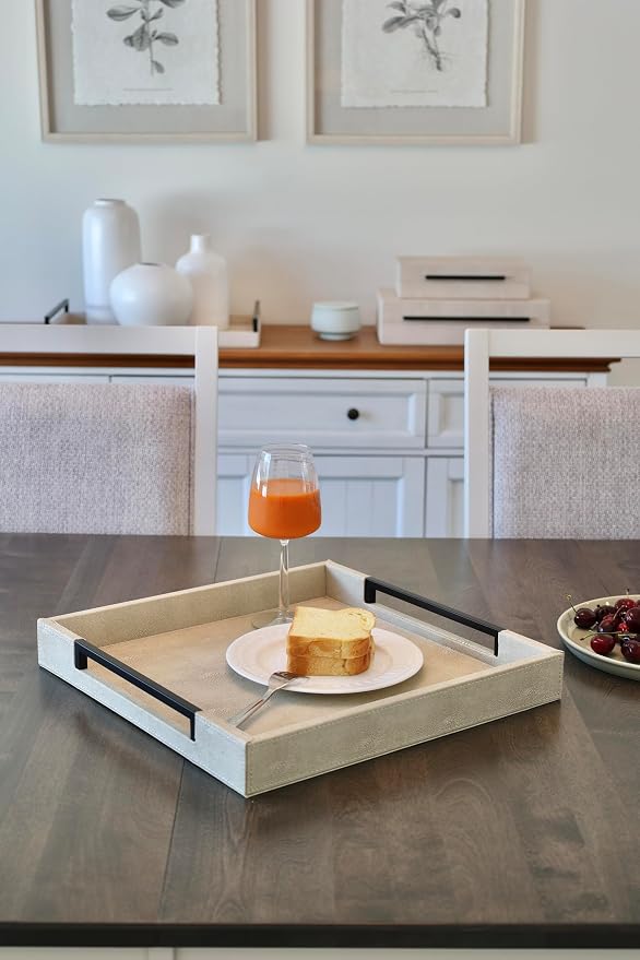 Sagala 16"x16" Ivory Shagreen Leather Serving Tray - Image 5