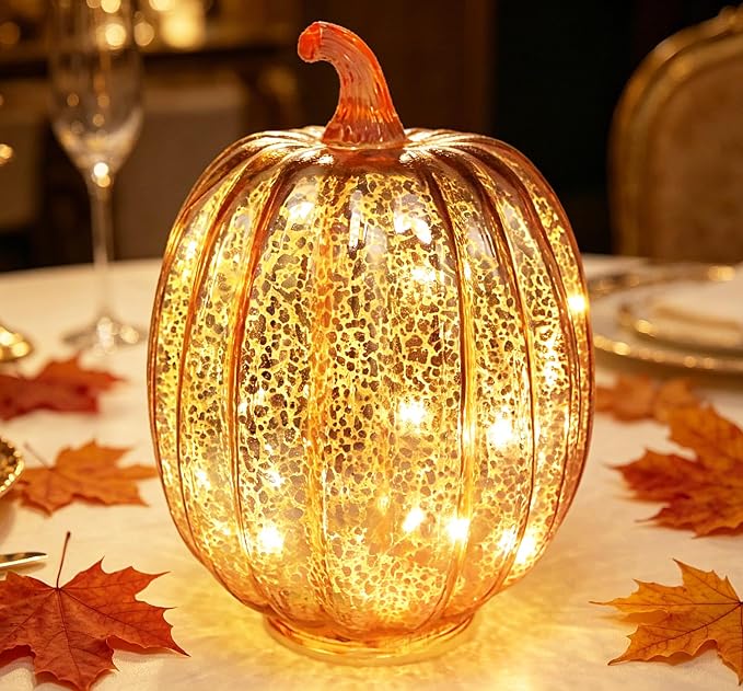 Fall Decorations for Home, Mercury Glass Pumpkin Light - Image 2
