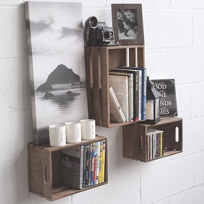 Wallniture Kitchen Storage Wine Rack Wooden Crate Basket Walnut Set of 3 - Image 4