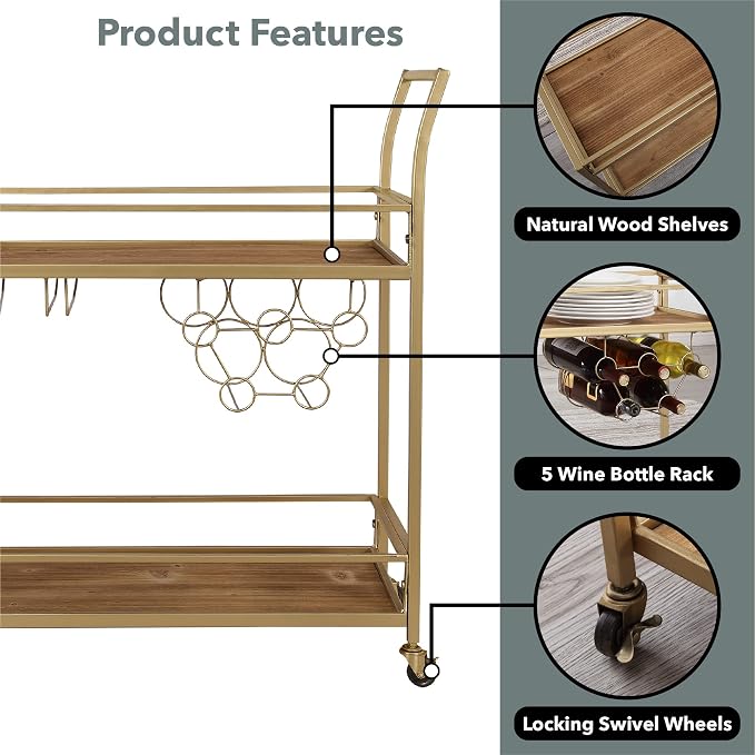 FirsTime & Co. Gold and Brown Francesca Bar Cart, 2 Tier Mobile Mini Bar - Image 8