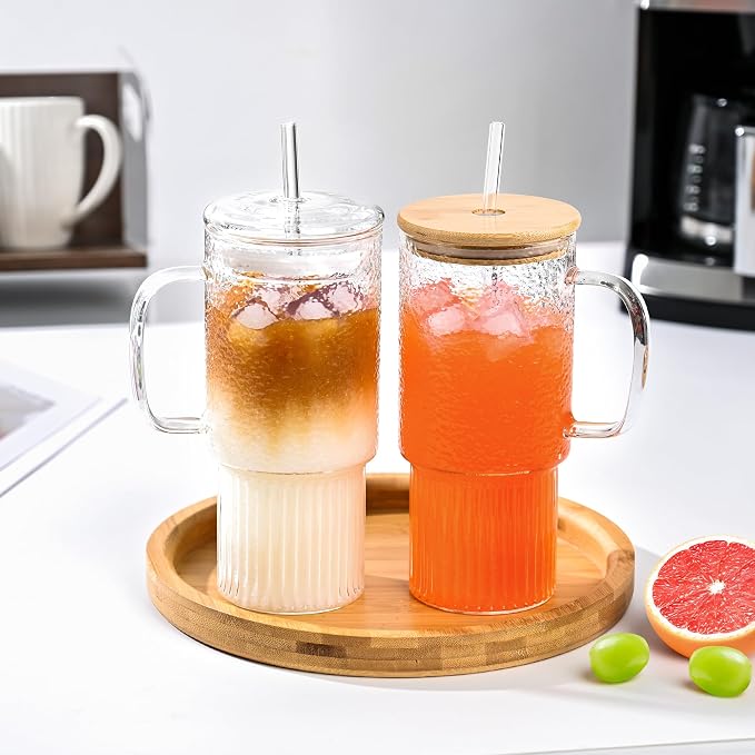 32oz Glass Cups with Handle and Bamboo Lids and Straws, 2 Pack Borosilicate - Image 4