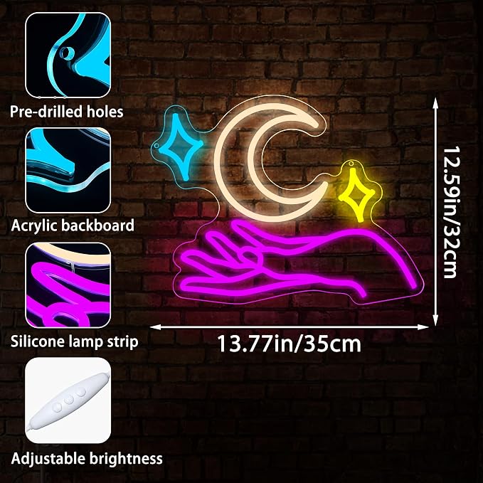 Moon Neon Signs for Wall Decor Star Neon Sign Hand LED Light Moon Wall Decor - Image 3