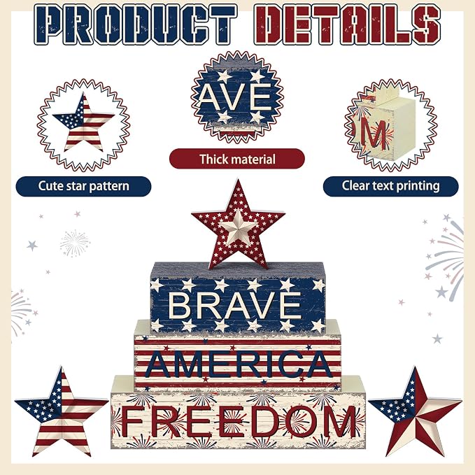 Geelin 6 Pieces 4th of July Table Decorations Patriotic Wooden Block Signs - Image 5