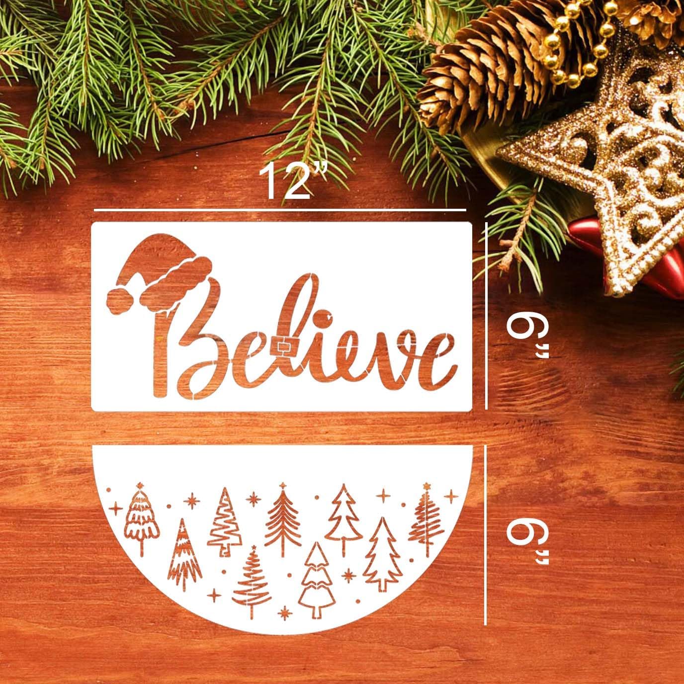 Christmas Stencils 12” Xmas Stencil for Wood Christmas Stencil for Painting Holiday Stencils Merry Christmas Believe Drawing Templates Half Round Stencil for Door Hanger Porch Wreath Home Decor