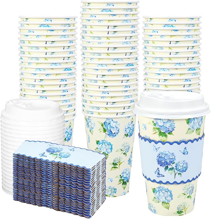 Whaline 50 Pcs 16 Oz Hydrangea Flower Paper Coffee Cups by Whaline