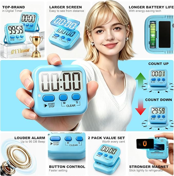 Antonki 2 Pack Digital Timer for Kids, Magnetic Countdown Kitchen Timers for - Image 4