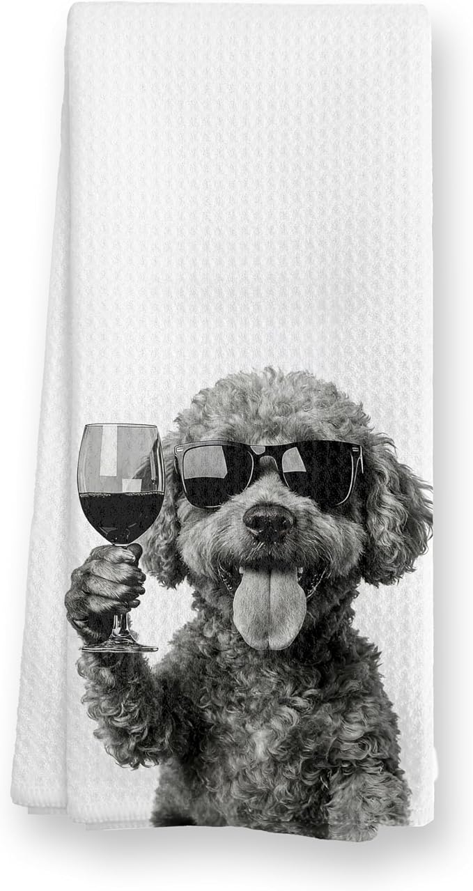 Funny Black Poodle Wine Kitchen Towels, Cute Dog Tea Towels, Dog Lover Gifts by TopXmai