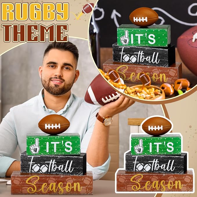 Geelin 4 Pcs Football Table Decorations Football Tiered Tray Decor Wooden Sign - Image 5
