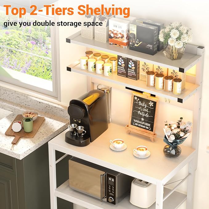 Aheaplus Bakers Rack with Power Outlet, Microwave Stand, 5 Tiers Coffee Bar - Image 5