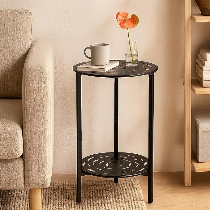 2-Tier Metal Round Side Table Black Accent Coffee Tables Small Space Corner - Image 2