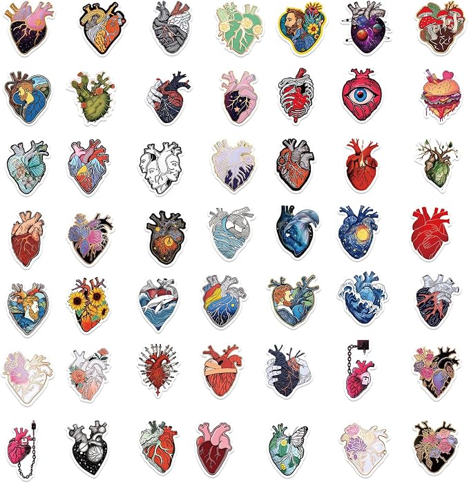 52Pcs Waterproof Anatomical Heart Stickers Pack, Unique Creative Heart Themed - Image 3