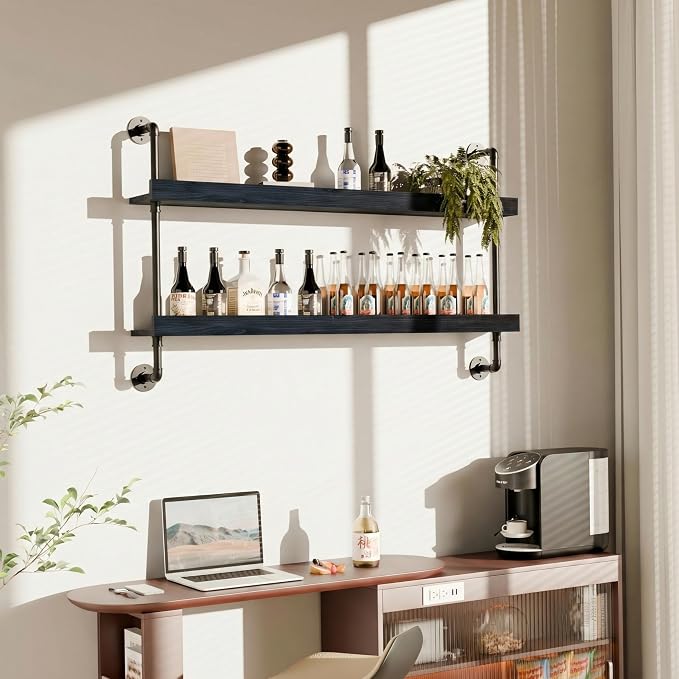 Industrial Wine Rack Wall Mounted, Solid Wood Shelf - Image 7