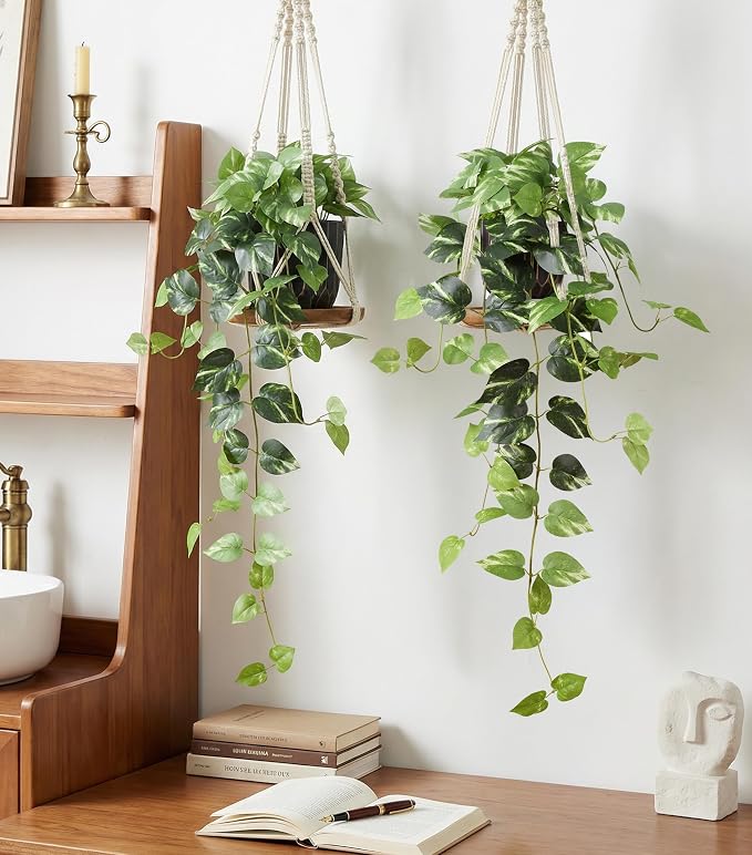 Fake Plants 2 Pcs Faux Pothos Plants Potted Indoor Artificial Hanging Plants - Image 6