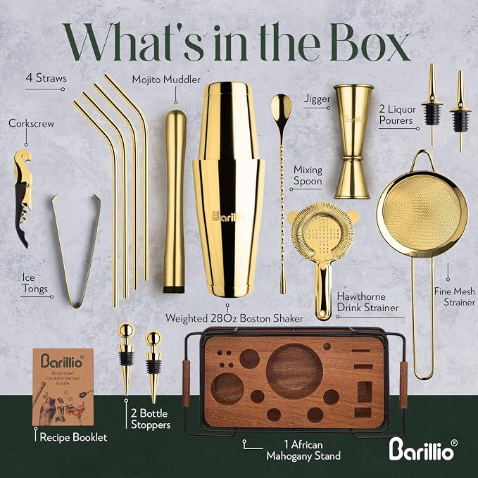 Barillio Gold Bartender Kit – 23-Piece Stainless-Steel Cocktail Shaker Set - Image 3